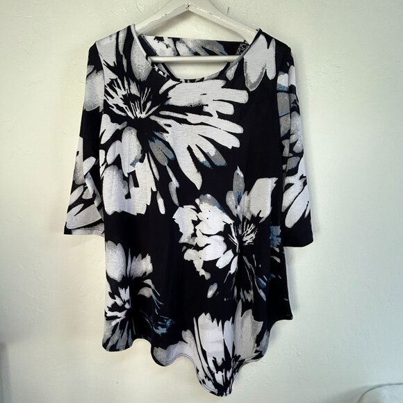 Clara Sunwoo Womens Floral Asymmetric Hem 3/4 Sleeve Tunic Top Large Black/White - Picture 1 of 7